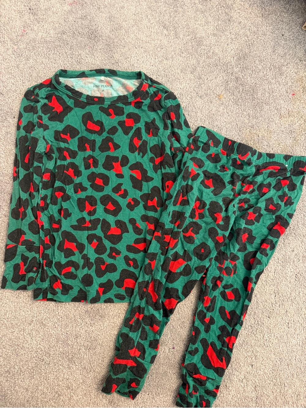 Posh Peanut Green Leopard-Print Kids Pajama Set with Red Accents